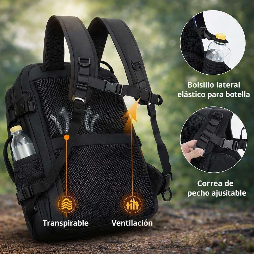 Mochila Viaje Avi n Cabina Expandible Impermeable Usb 40l Negro 40x30x25cm-5
