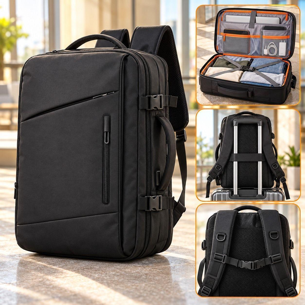Mochila Viaje Avi n Cabina Expandible Impermeable Usb 40l Negro 40x30x25cm-0