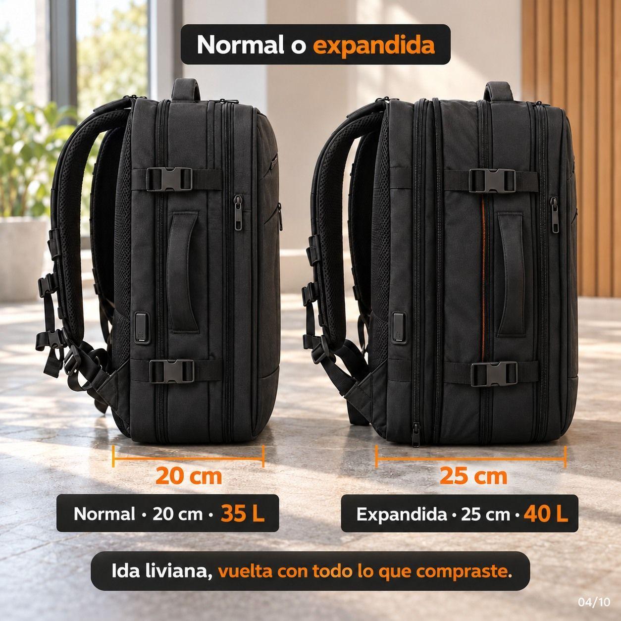 Mochila Viaje Avi n Cabina Expandible Impermeable Usb 40l Negro 40x30x25cm-3