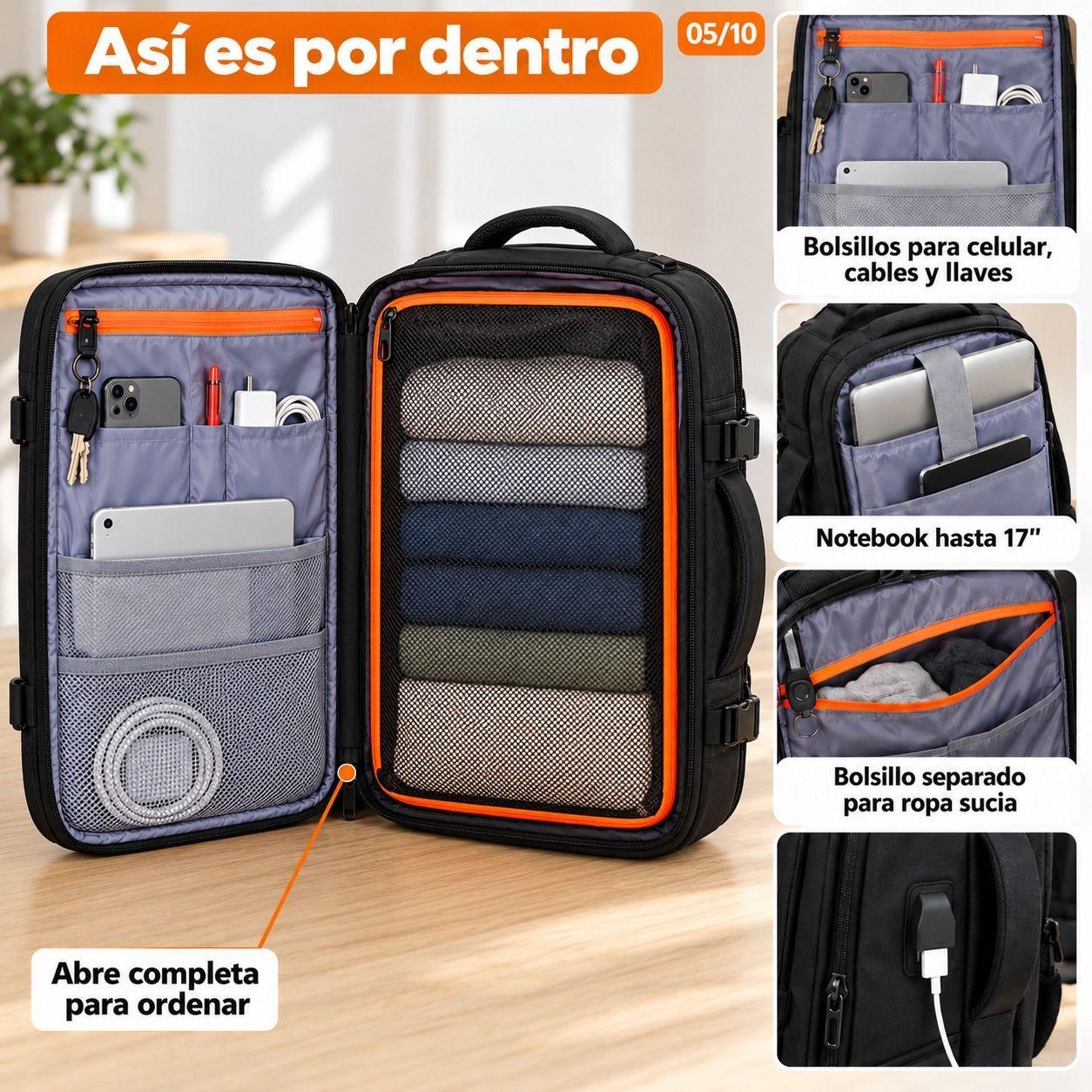 Mochila Viaje Avi n Cabina Expandible Impermeable Usb 40l Negro 40x30x25cm-4