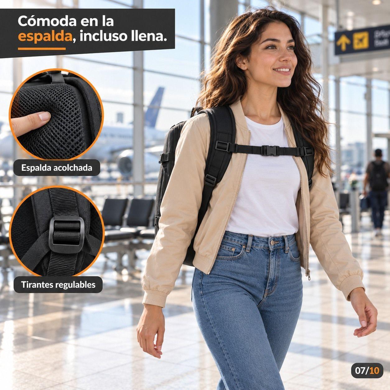 Mochila Viaje Avi n Cabina Expandible Impermeable Usb 40l Negro 40x30x25cm-6