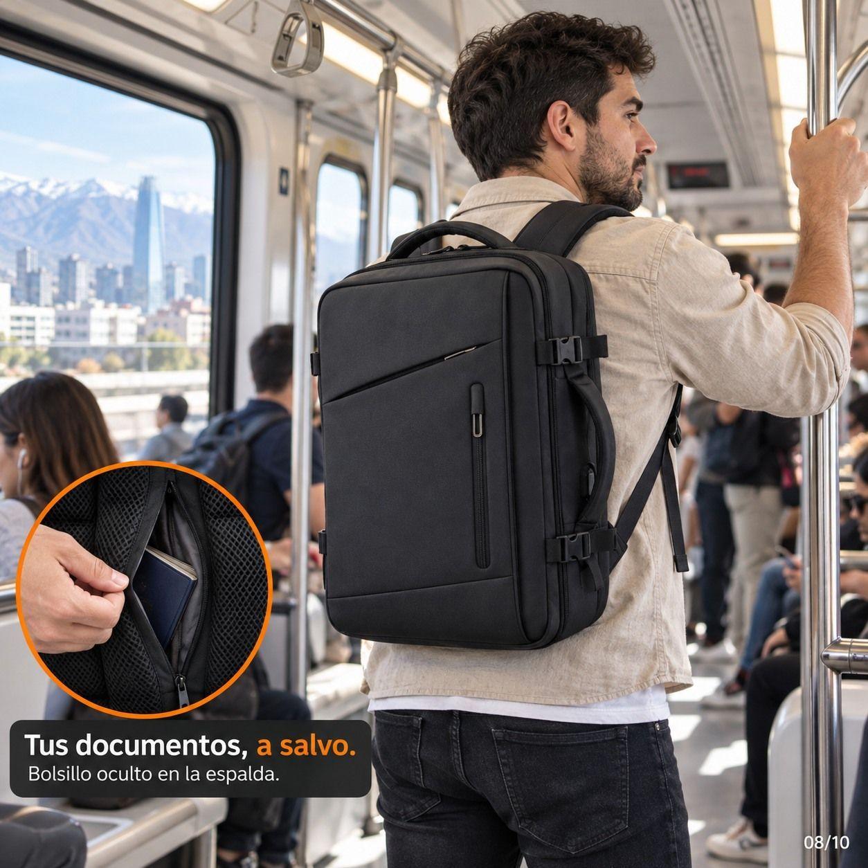Mochila Viaje Avi n Cabina Expandible Impermeable Usb 40l Negro 40x30x25cm-7