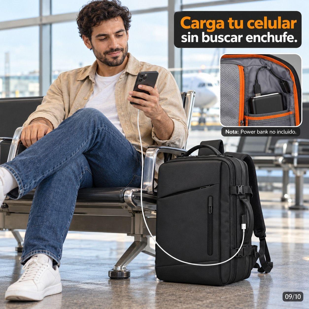 Mochila Viaje Avi n Cabina Expandible Impermeable Usb 40l Negro 40x30x25cm-8
