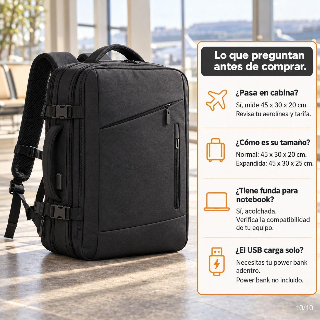 Mochila Viaje Avi n Cabina Expandible Impermeable Usb 40l Negro 40x30x25cm-9