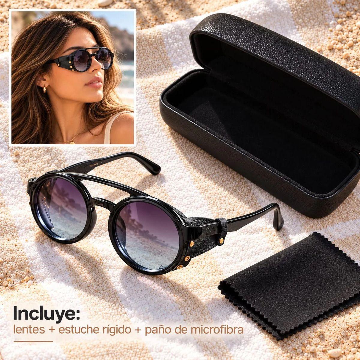 Lentes De Sol Redondos Retro Steampunk Uv400 Mujer Con Estuche-3