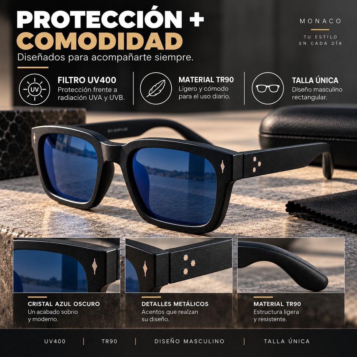 Lentes De Sol Monaco Rectangulares Uv400 Hombre Con Estuche-5