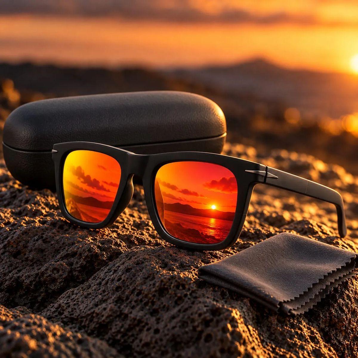 Lentes de Sol Polarizados Hombre Cuadrados UV400 Espejo Fuego Marco TR90 Negro Mate con Estuche-0