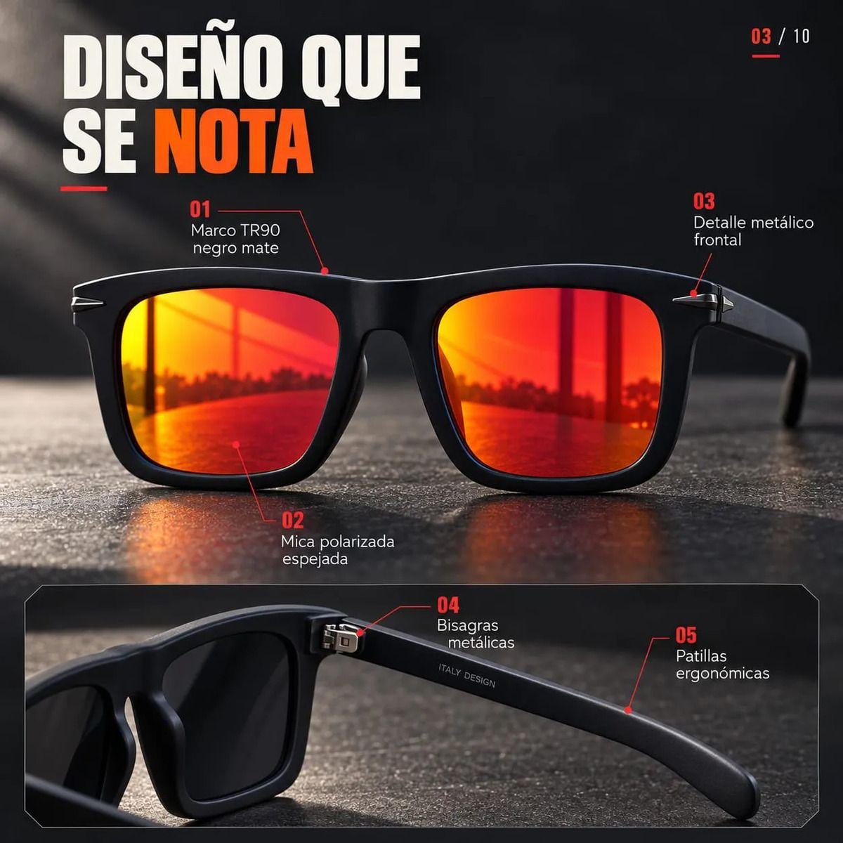 Lentes de Sol Polarizados Hombre Cuadrados UV400 Espejo Fuego Marco TR90 Negro Mate con Estuche-2