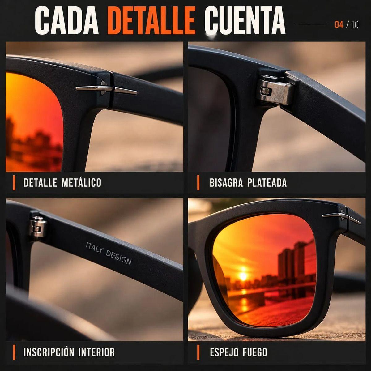 Lentes de Sol Polarizados Hombre Cuadrados UV400 Espejo Fuego Marco TR90 Negro Mate con Estuche-3