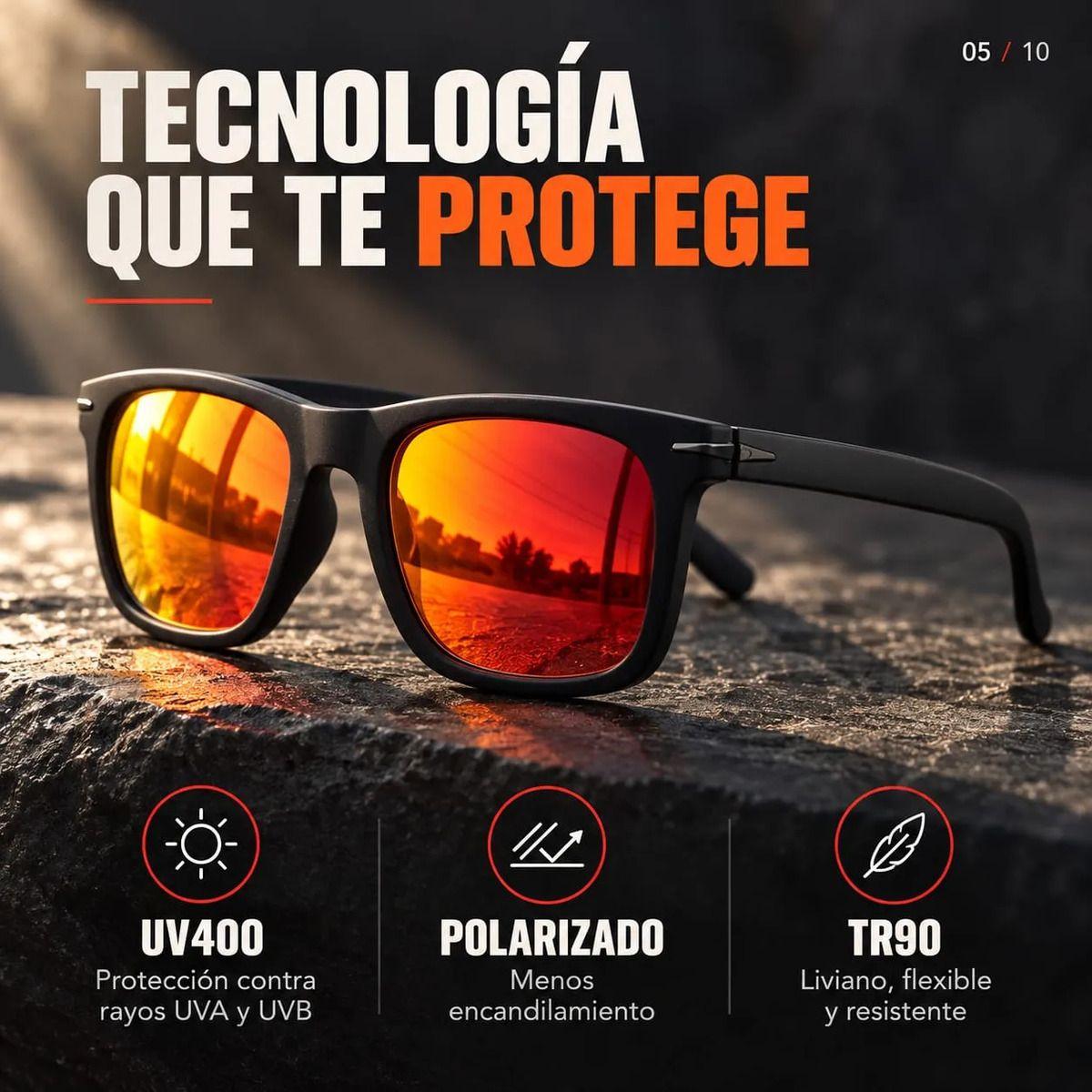 Lentes de Sol Polarizados Hombre Cuadrados UV400 Espejo Fuego Marco TR90 Negro Mate con Estuche-4