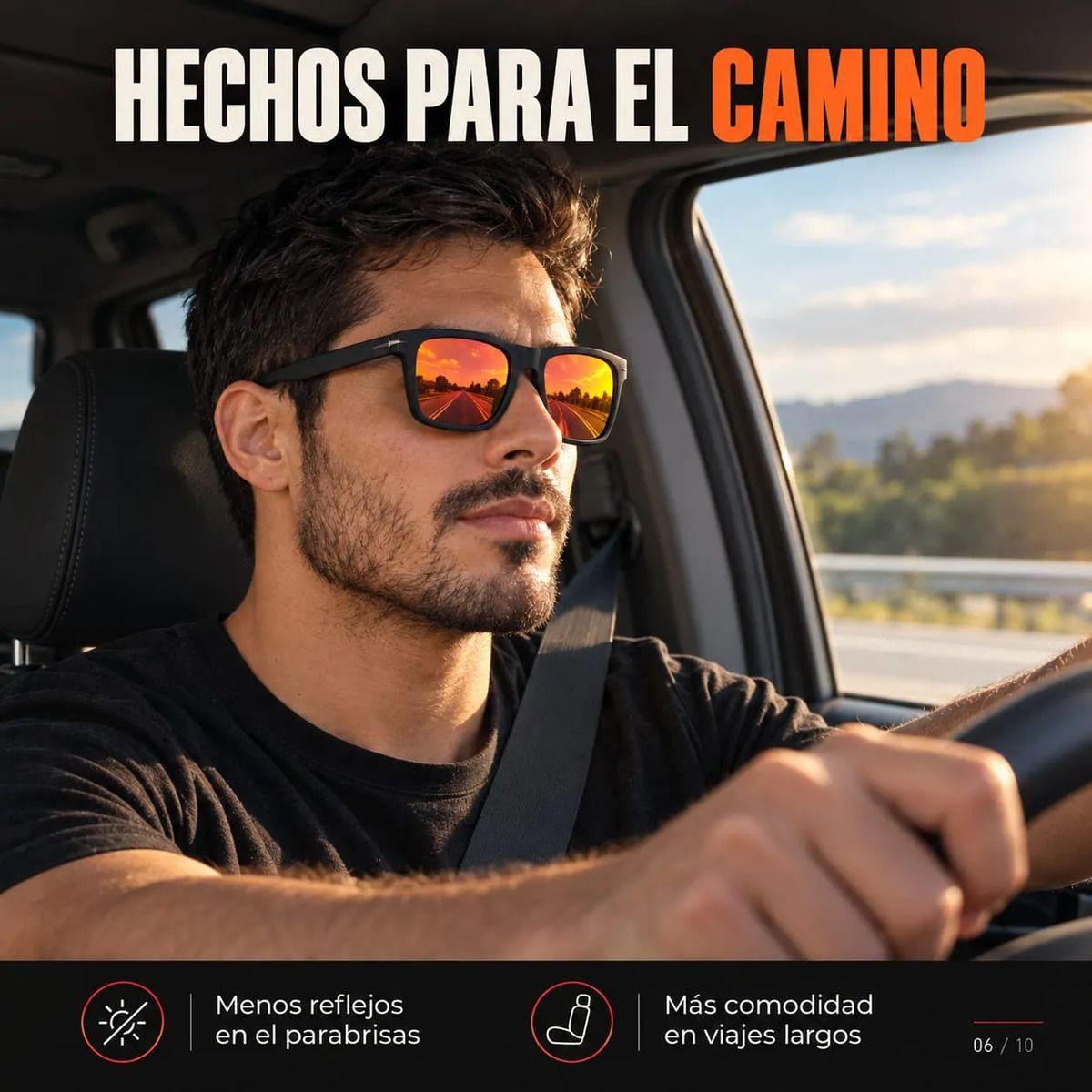 Lentes de Sol Polarizados Hombre Cuadrados UV400 Espejo Fuego Marco TR90 Negro Mate con Estuche-5