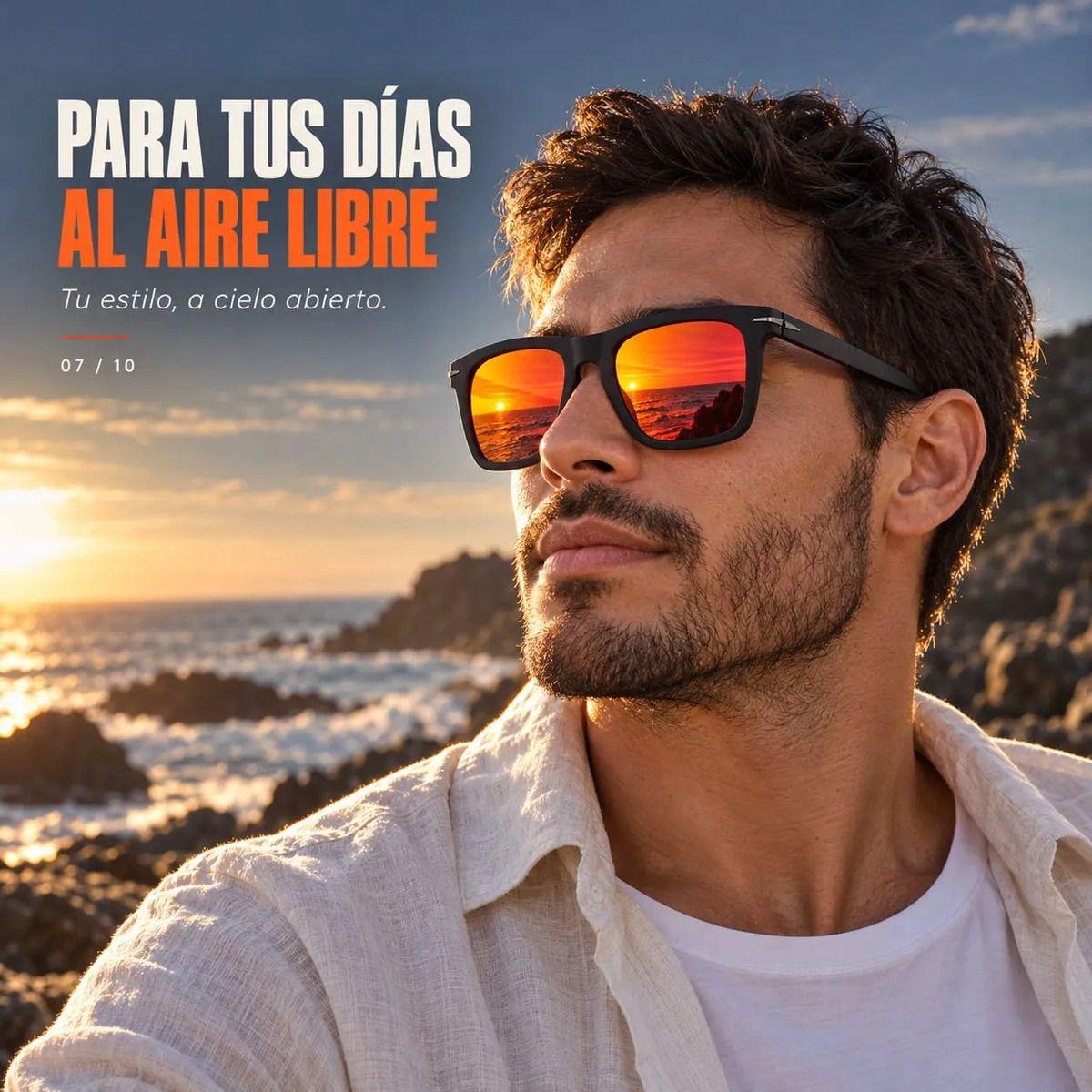 Lentes de Sol Polarizados Hombre Cuadrados UV400 Espejo Fuego Marco TR90 Negro Mate con Estuche-6