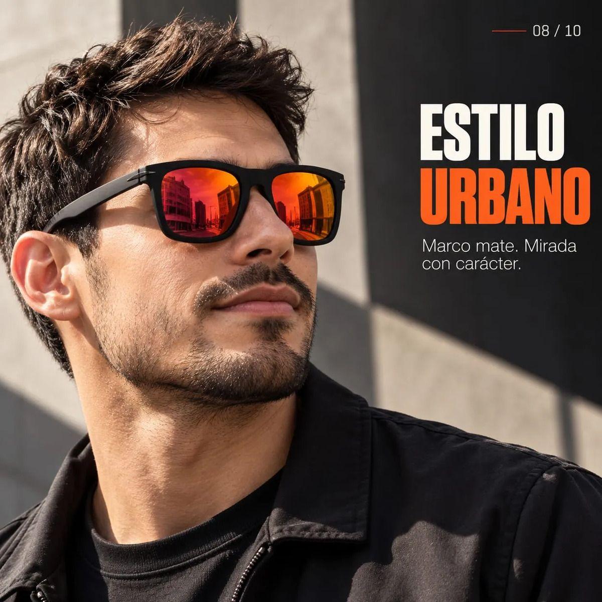 Lentes de Sol Polarizados Hombre Cuadrados UV400 Espejo Fuego Marco TR90 Negro Mate con Estuche-7