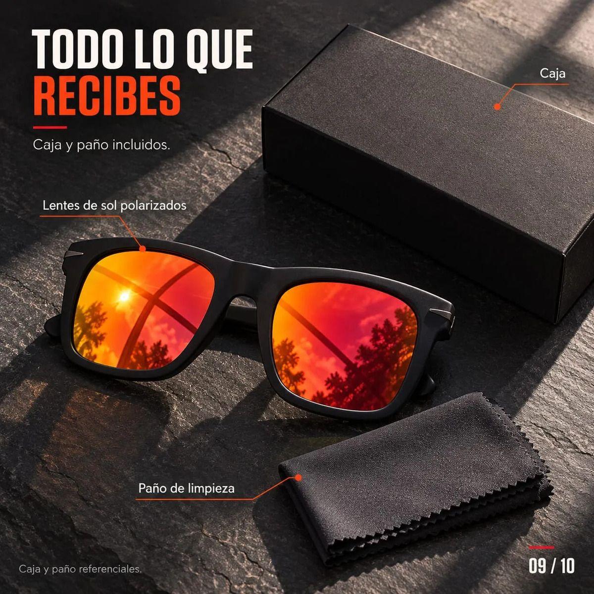 Lentes de Sol Polarizados Hombre Cuadrados UV400 Espejo Fuego Marco TR90 Negro Mate con Estuche-8