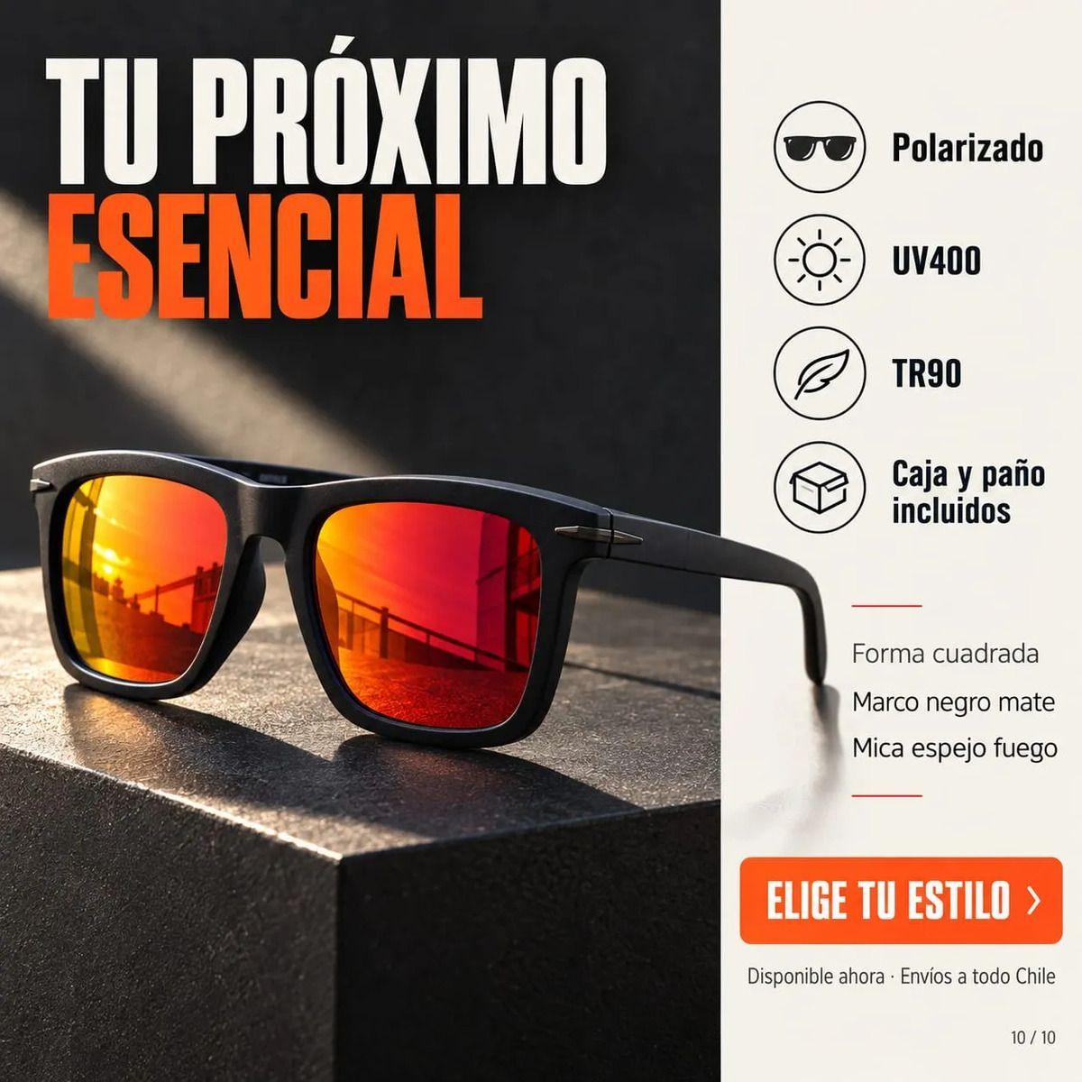 Lentes de Sol Polarizados Hombre Cuadrados UV400 Espejo Fuego Marco TR90 Negro Mate con Estuche-9
