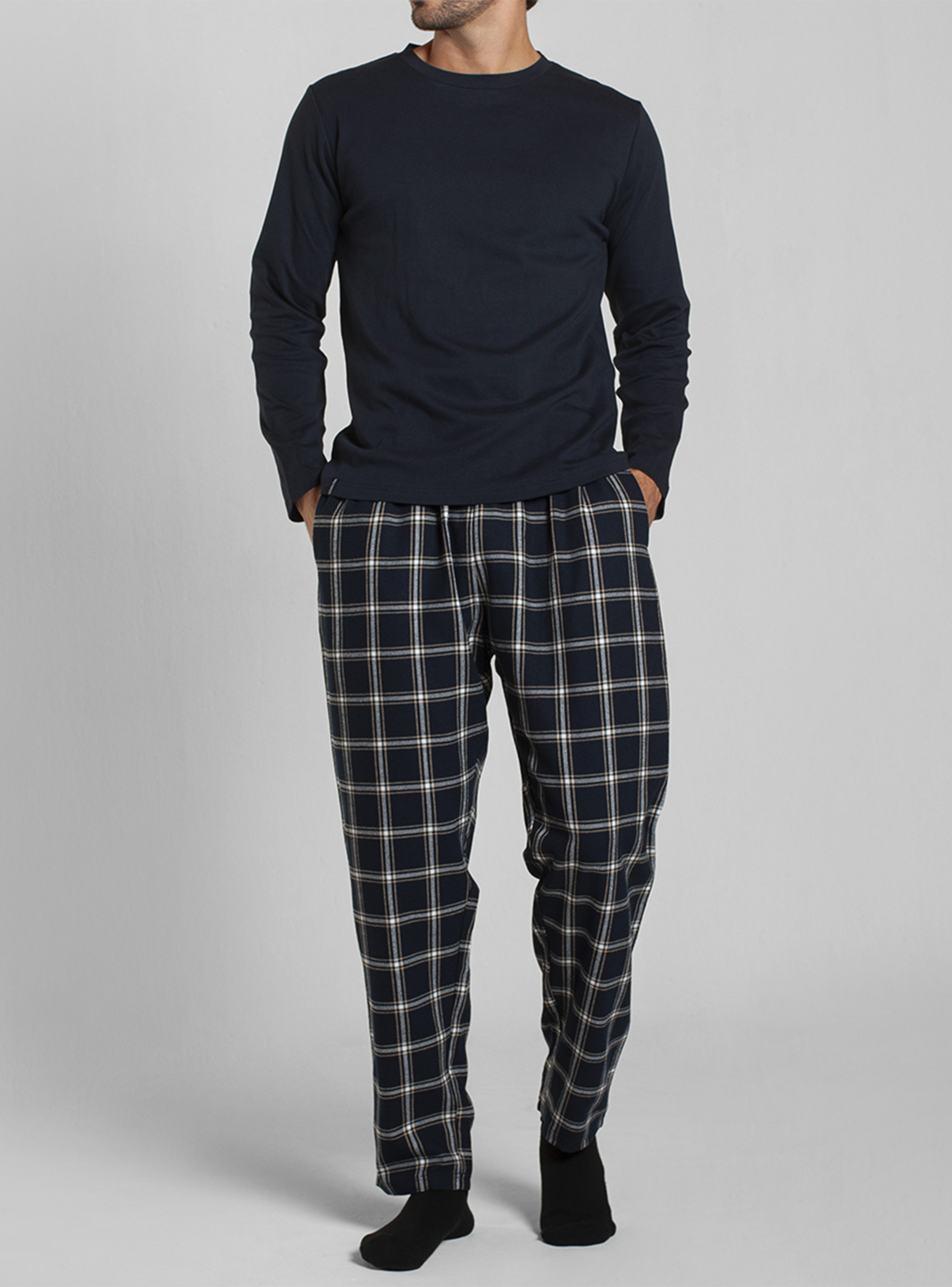 Pijama Algodón Manga Larga Pantalón Cuadros Hombre Monarch-1