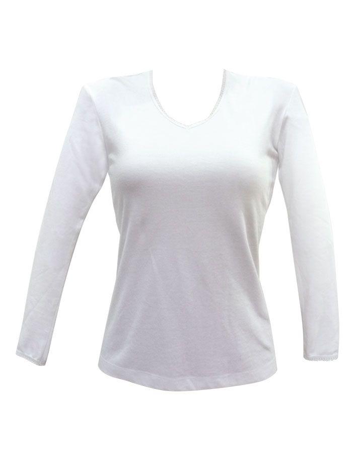 Camiseta Mujer Manga Larga Cuello "V" Algodón Blanco-1
