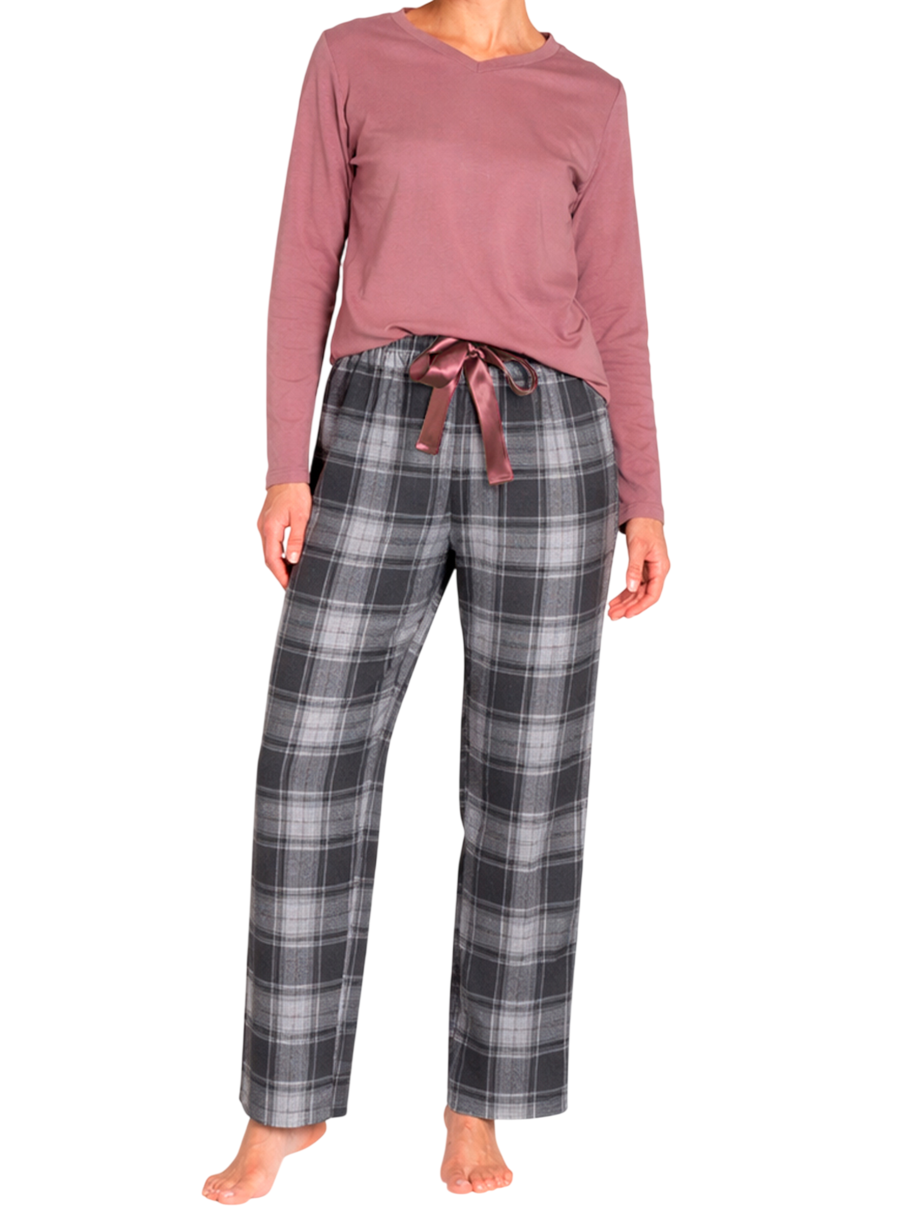 Pijama Algodón M/L Cuello V Pantalón Cuadros Mujer Monarch-0