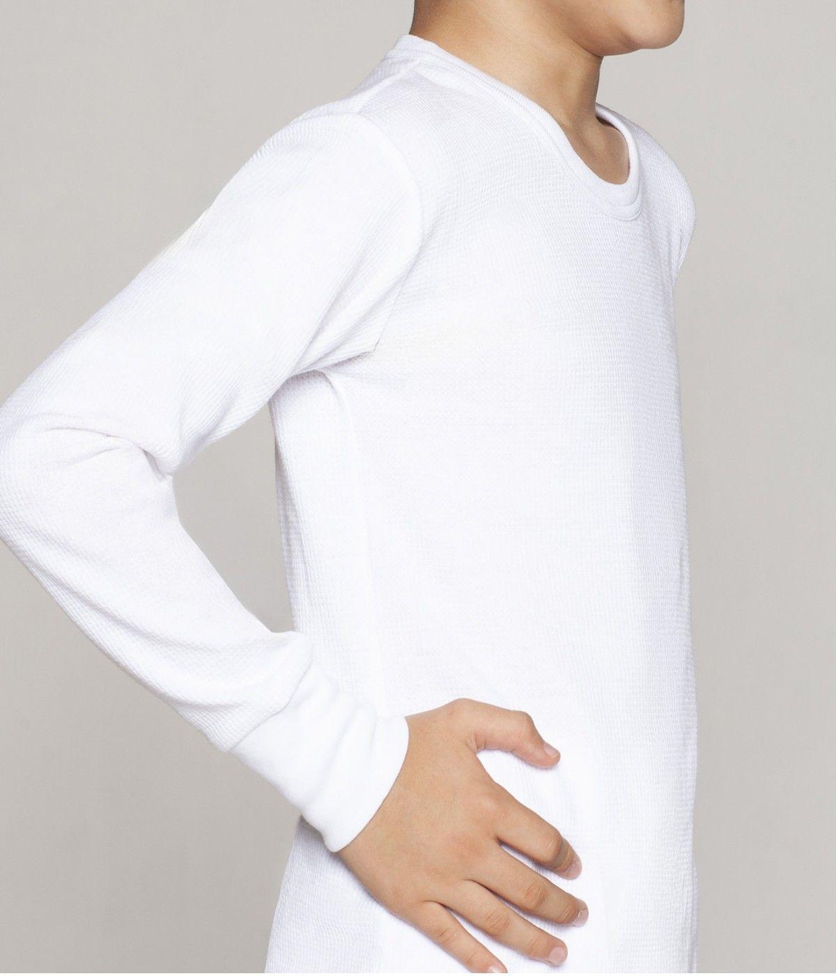 Camiseta Térmica Manga Larga Cuello Polo Algodon Tejido Panal Juvenil Blanco-1