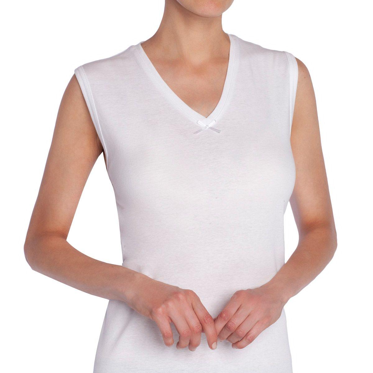 Camiseta Algodón Mujer Sin Manga Blanco-3