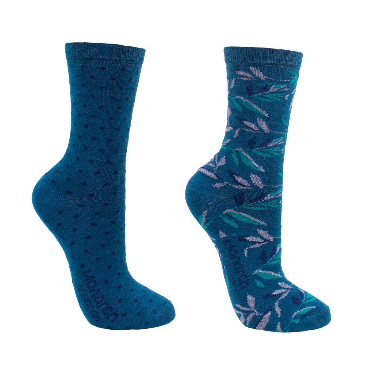 2 Pares Calcetín Algodón Hojas Largo 3/4 Petroleo-0