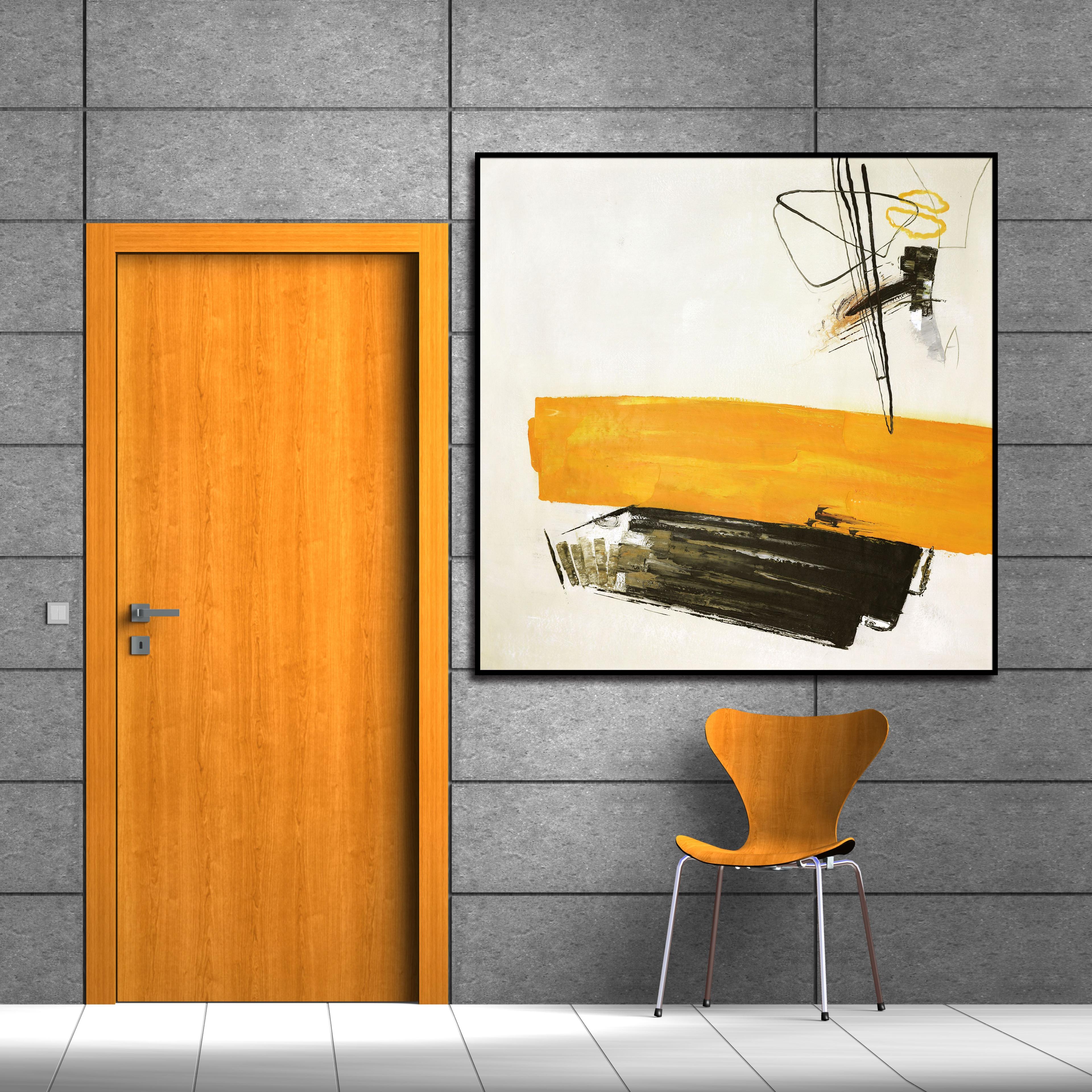 CUADRO EN OLEO UKHOME ABSTRACTO EN AMARILLO Y NEGRO 120X120 CM-3