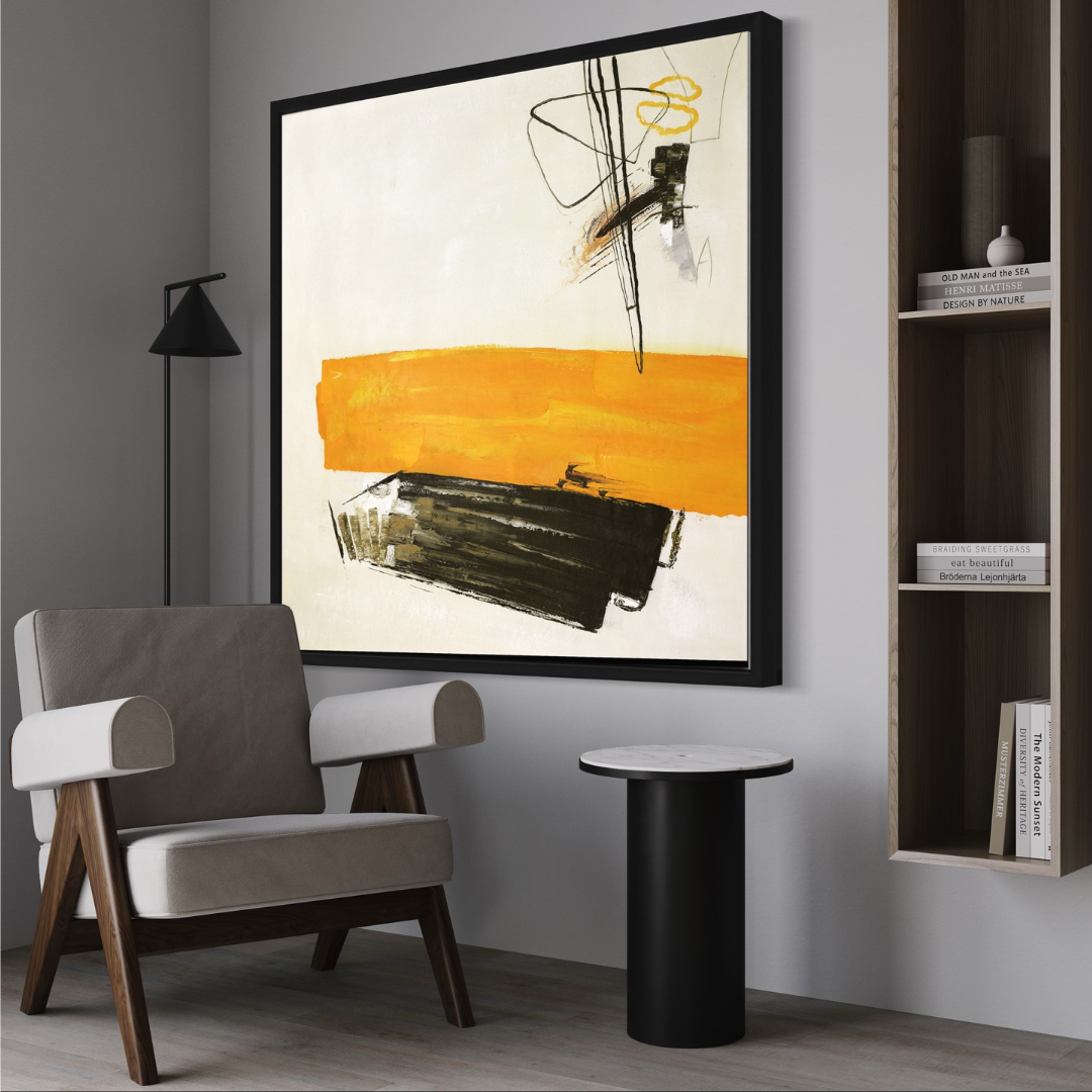 CUADRO EN OLEO UKHOME ABSTRACTO EN AMARILLO Y NEGRO 120X120 CM-2
