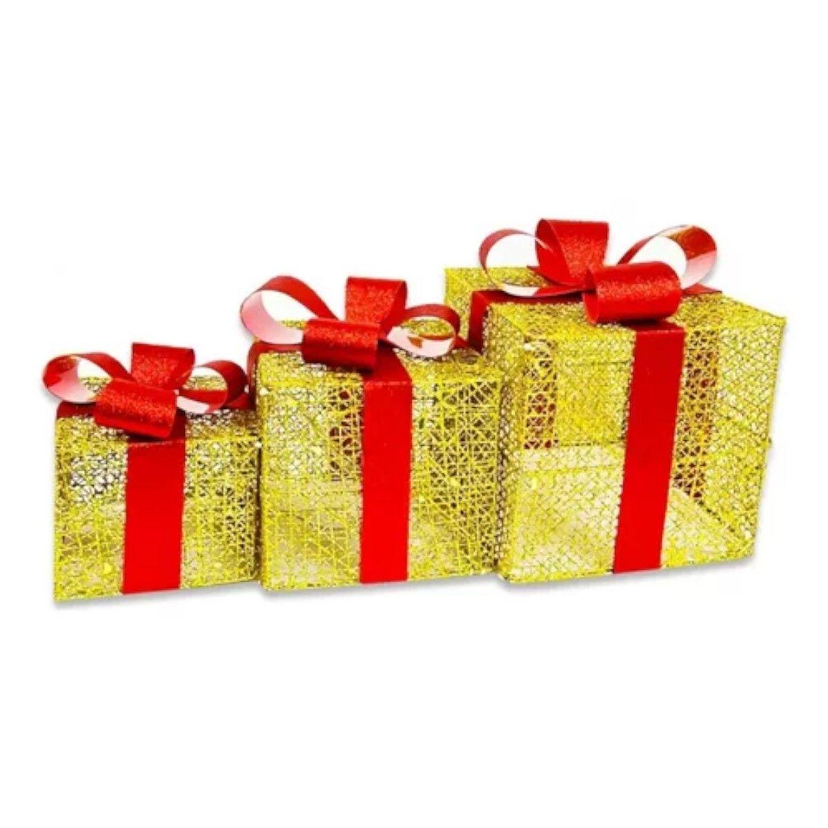 Set De 3 Caja De Regalo Decorativas Navidad Luces Led	-0
