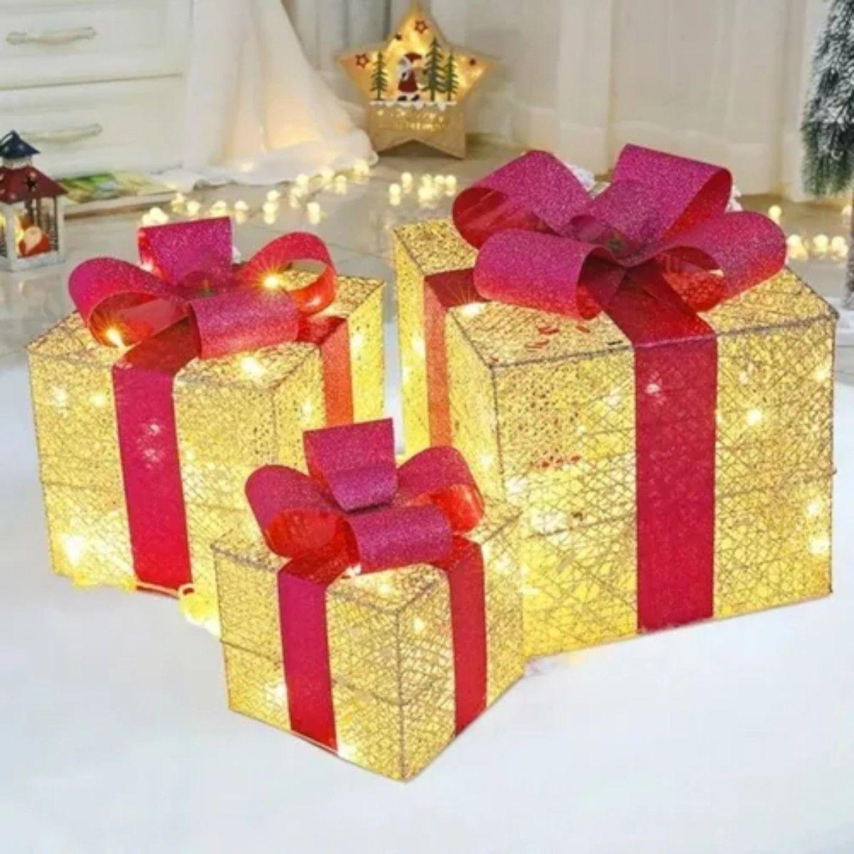 Set De 3 Caja De Regalo Decorativas Navidad Luces Led	-1