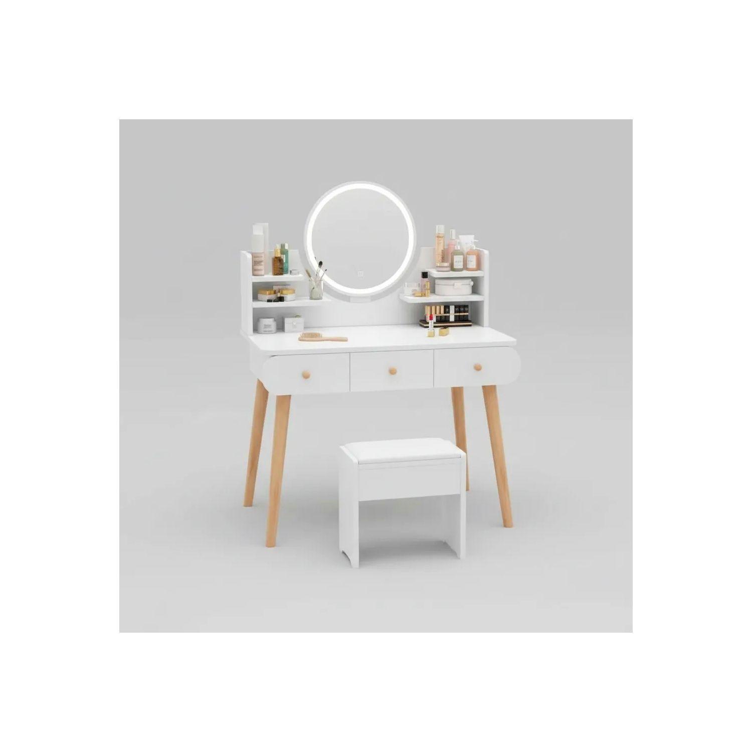 Tocador con espejo Luz LED y Taburete 100x40 cm – 3 cajones-3