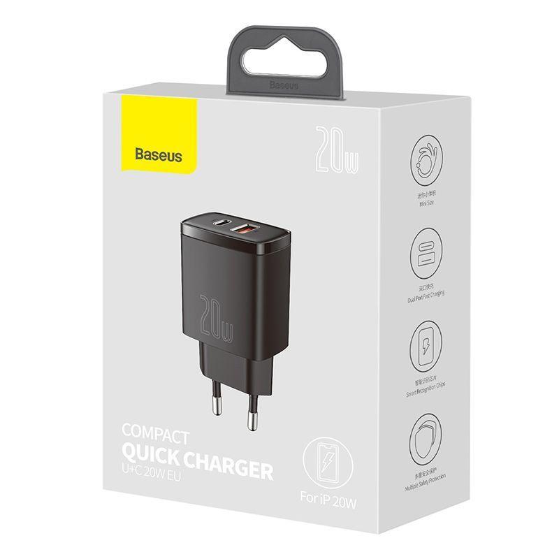 Cargador Rápido Baseus Dual USB y USB-C - 20W - Negro-6