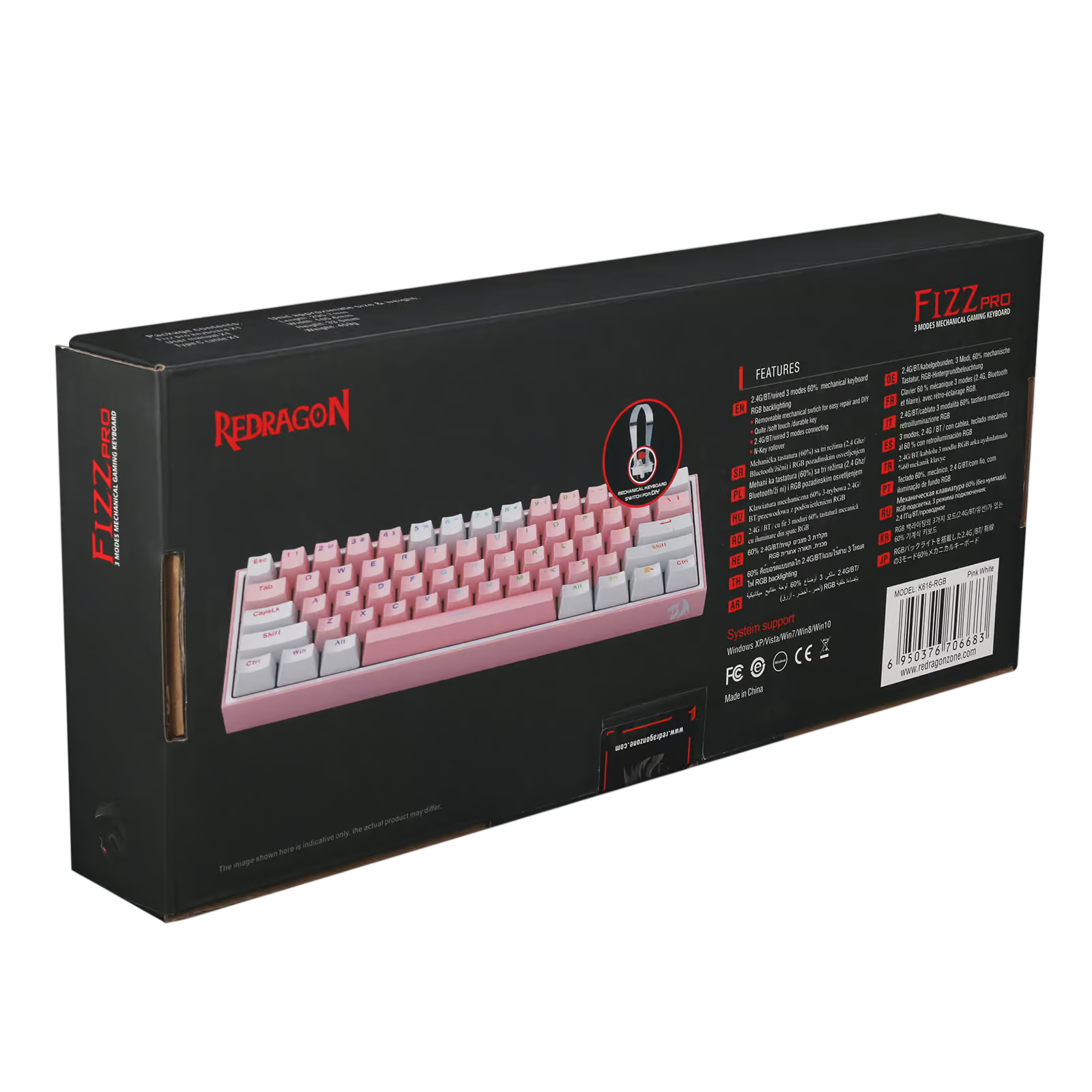 Teclado Mecánico Gamer Redragon Fizz Pro K616 RGB Switch Red - Compacto 60% - Rosado con Blanco - Es-6