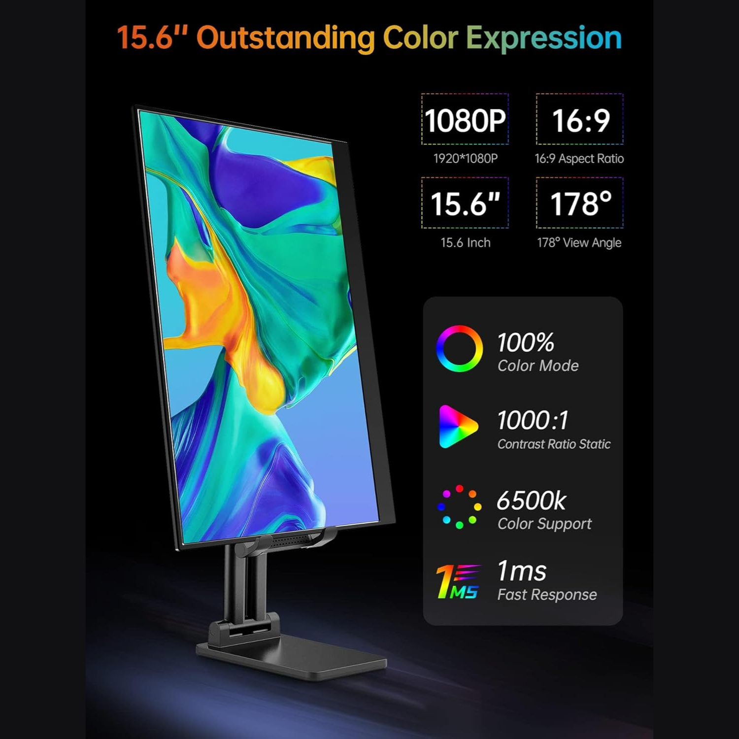 Monitor Portátil Vilva 15,6" FHD 1080P IPS con USB-C, HDMI, cubierta y altavoces Negro-3