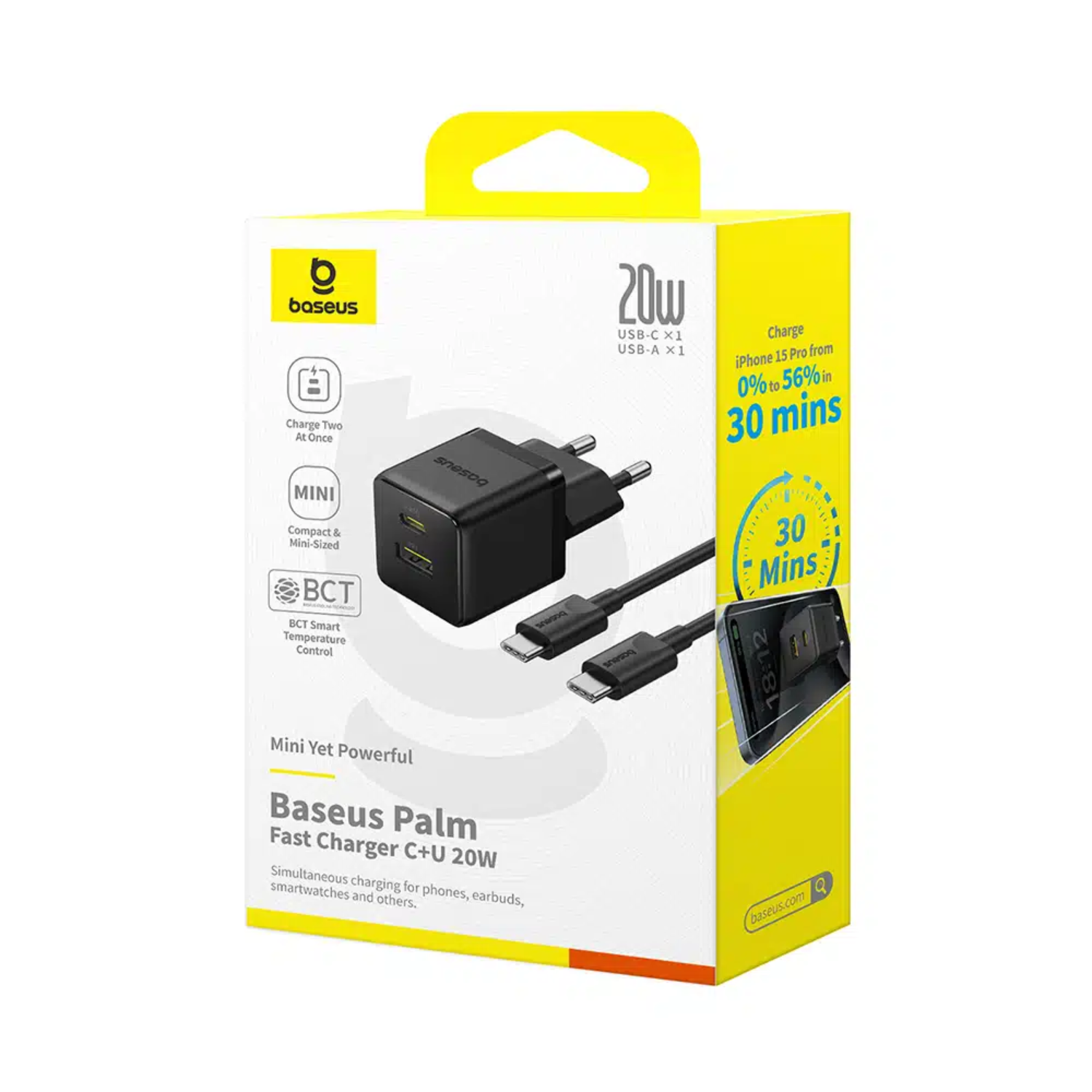 Cargador Rápido Baseus Palm Cluster USB y Tipo C 20W + Cable Tipo C a Tipo C Negro-7