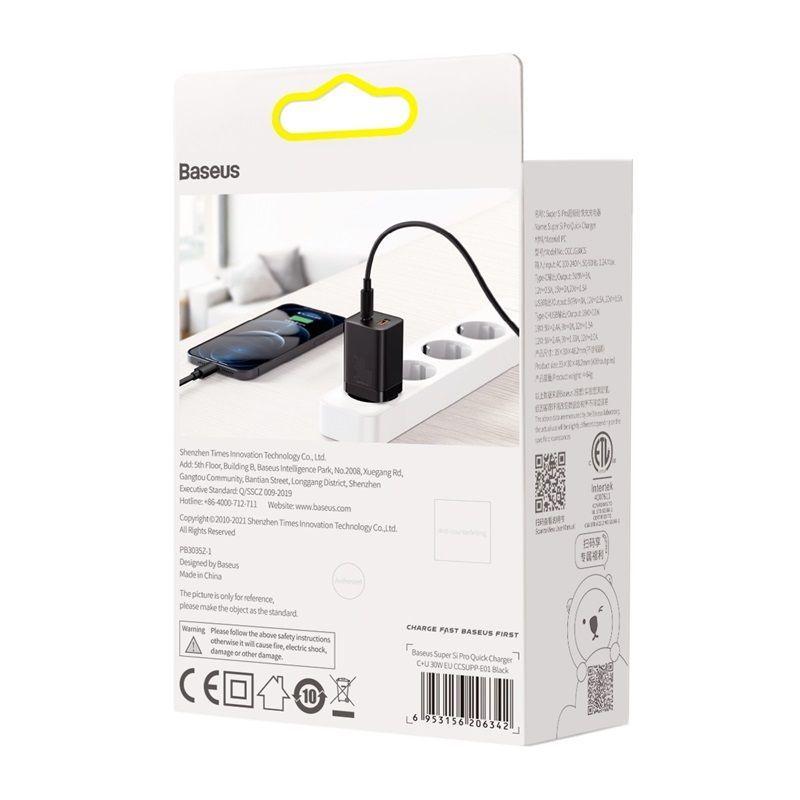 Cargador Rápido Baseus Dual USB y USB-C - 30W - Negro-7