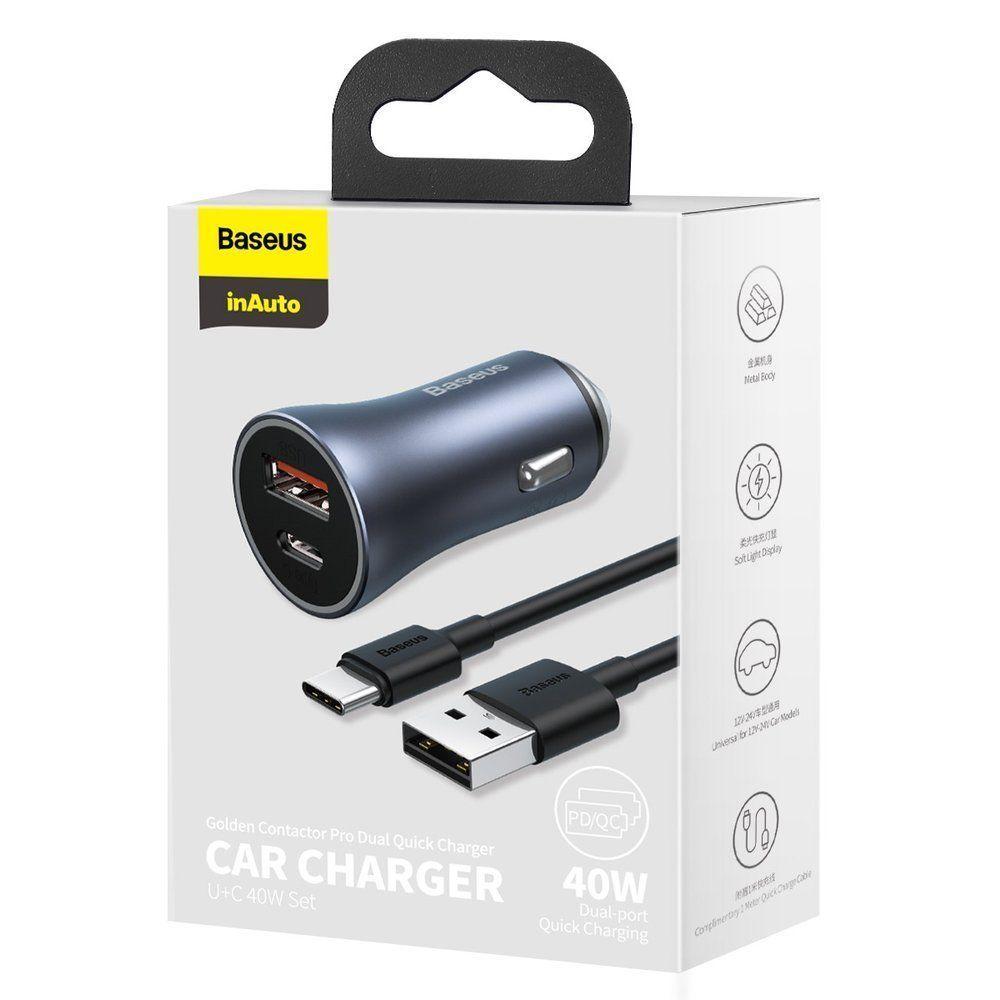 Cargador Rápido para Auto - Baseus Dual USB + USB-C 40W con Cable Tipo C 1M - Gris-6