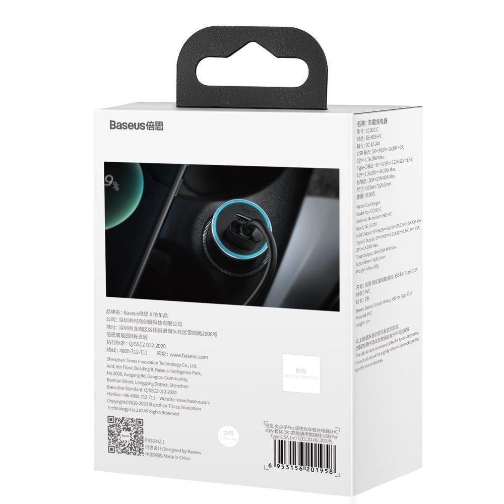 Cargador Rápido para Auto - Baseus Dual USB + USB-C 40W con Cable Tipo C 1M - Gris-7