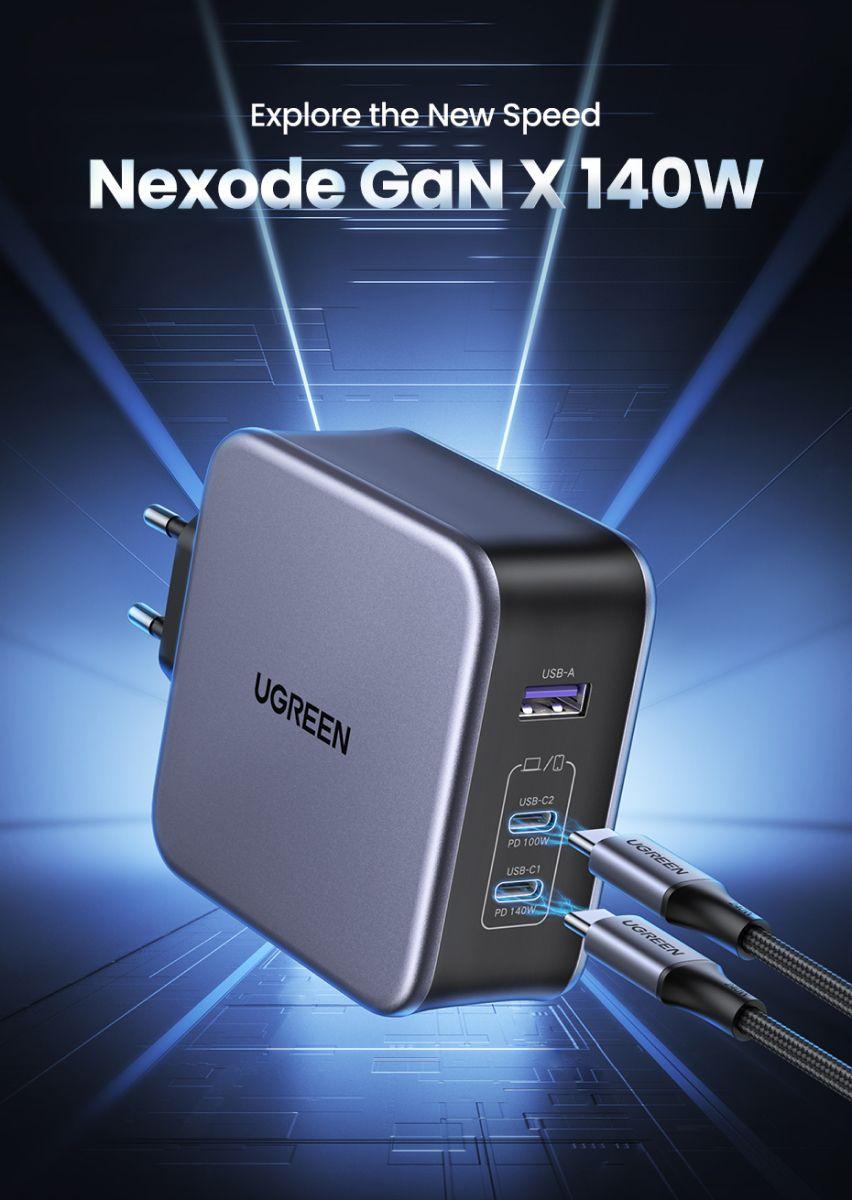 UGREEN USB-A+2*USB-C Cargador rápido 140W con USB-C 2M Negro-1