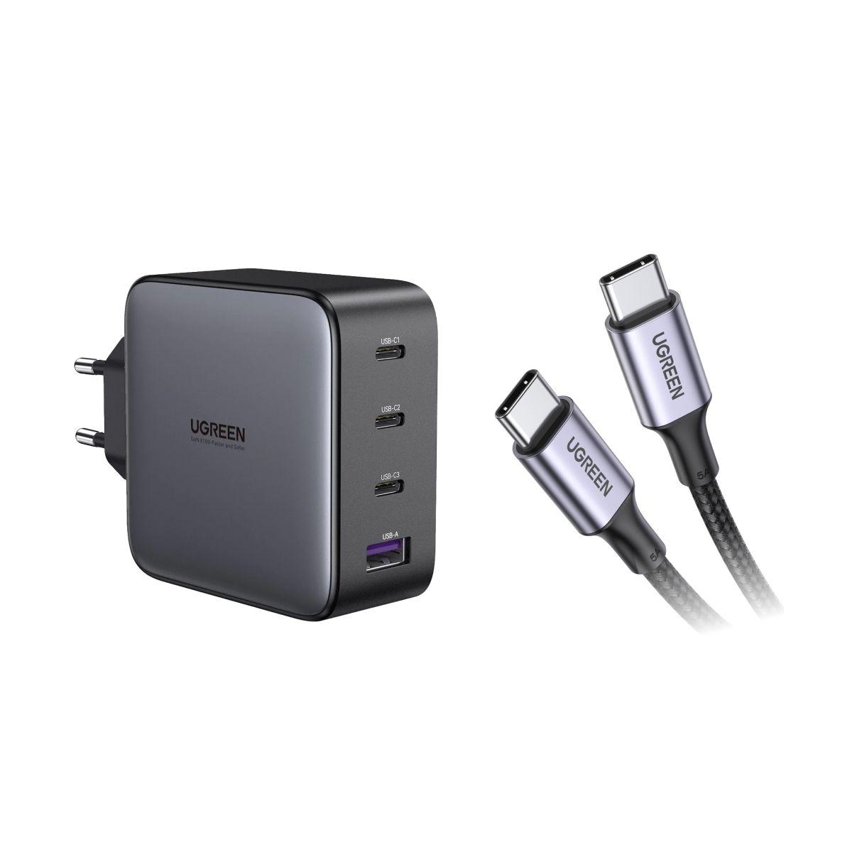 UGREEN Cargador 100W GaN + Cable USB-C a USB- C 2.0 5A 2M-3