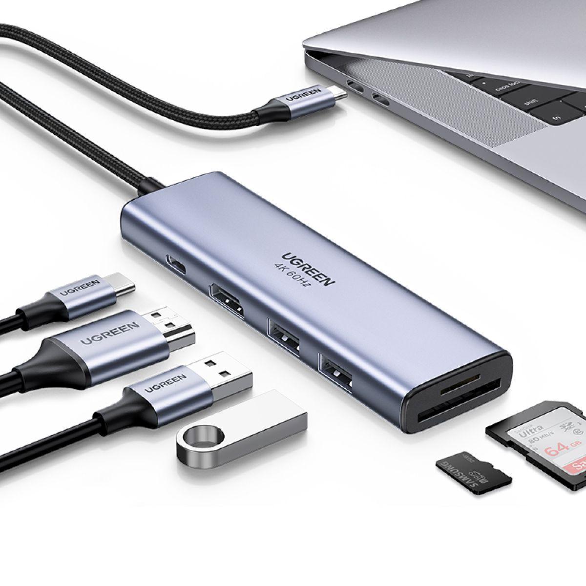 UGREEN Hub USB-C a 2 puertos USB 3.0 A+HDMI+Convertidor SD/TF+PD-2