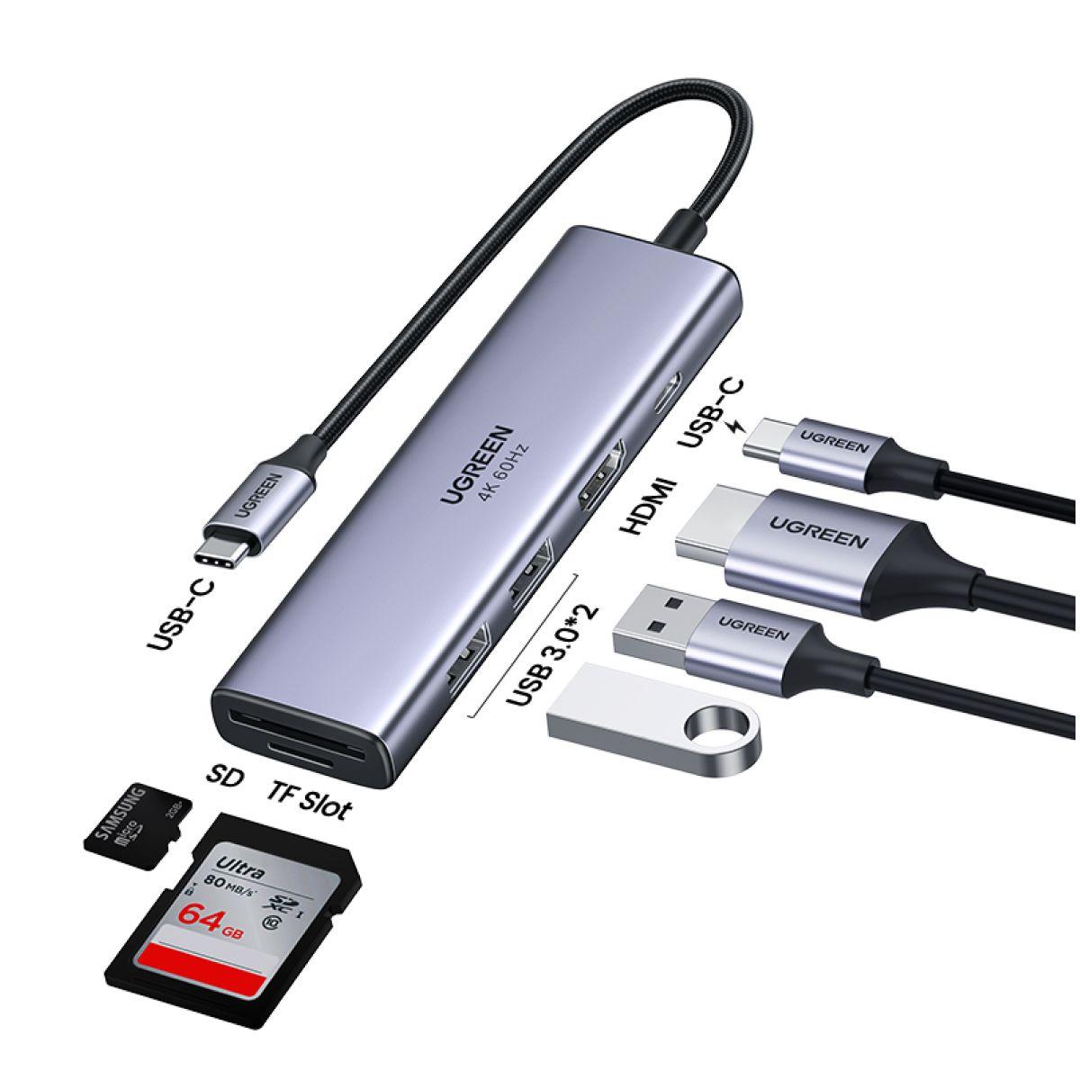 UGREEN Hub USB-C a 2 puertos USB 3.0 A+HDMI+Convertidor SD/TF+PD-3