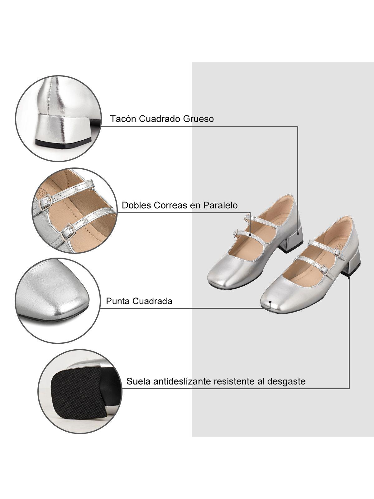 Zapatos Mary Jane Charol  Plateado Taco Mujer Weide YL66-5