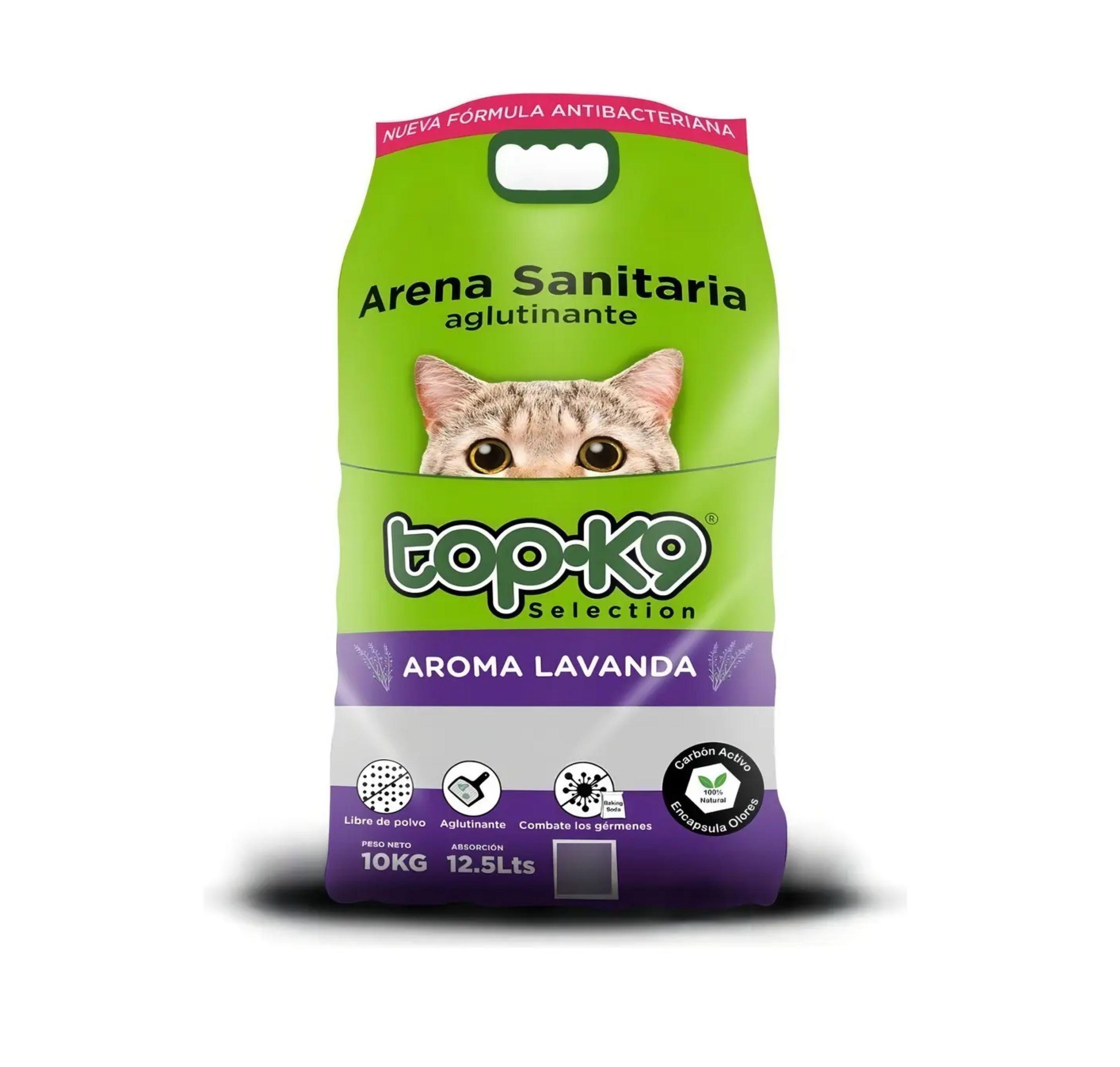 Arena sanitaria aglutinante Top k9 de 10Kg aroma lavanda Antibacterial con Carb n activo-0