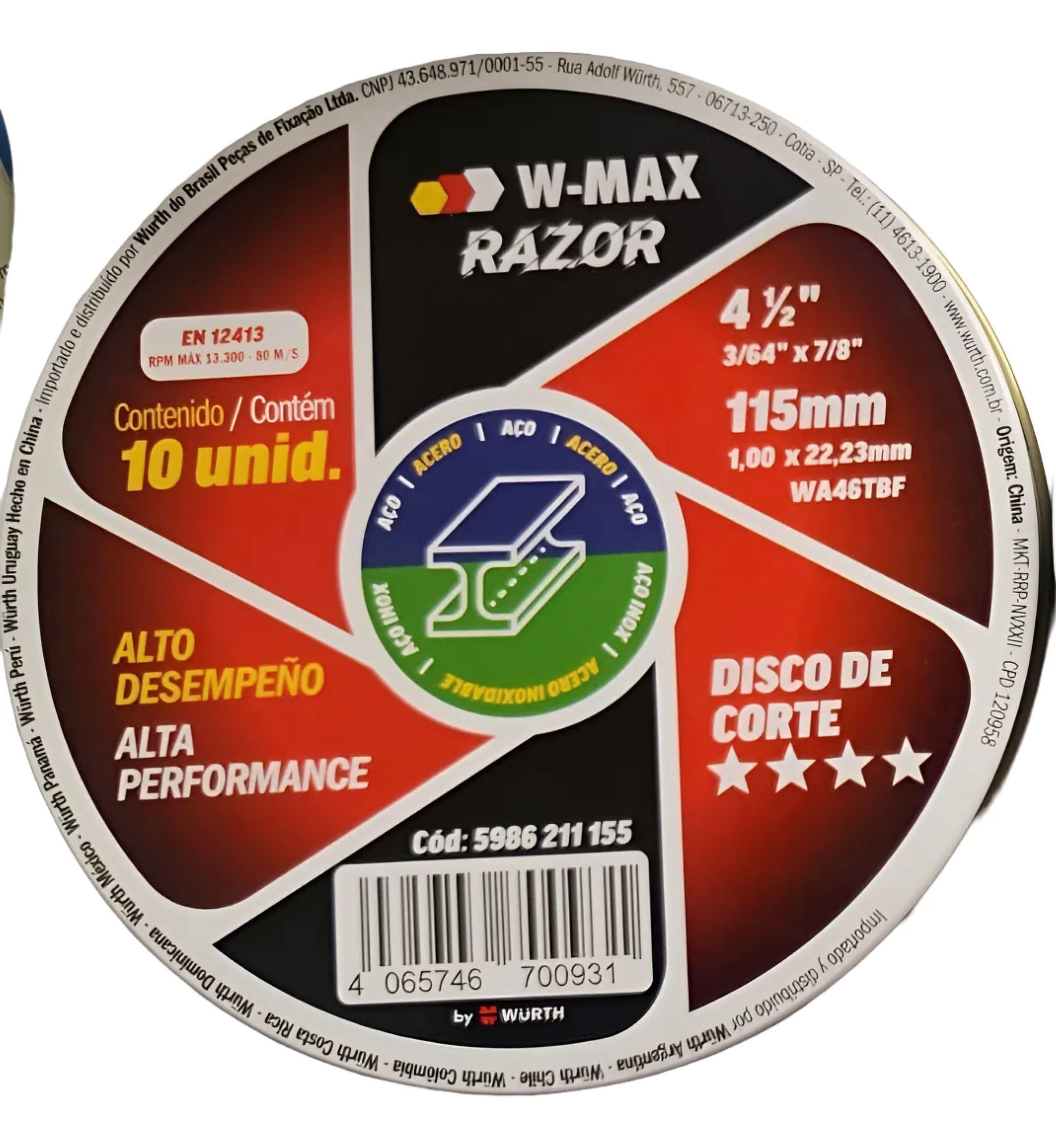 Disco Corte Inox metal Wurth 4 1 2x1mm Pack De 10 Unidades Negro-0