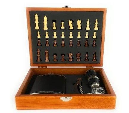 Juego Ajedrez Set Petaca 8oz Con Shot Madera-0
