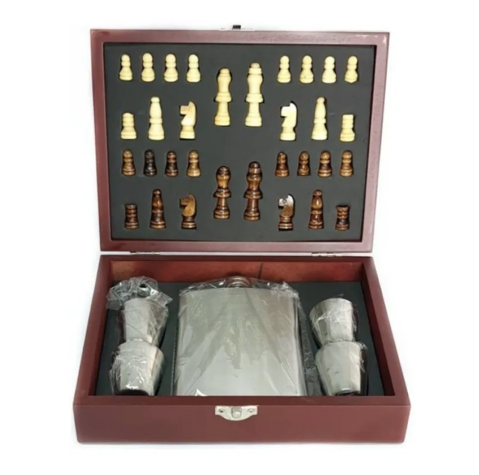 Juego Ajedrez Set Petaca Con Shot Madera-0