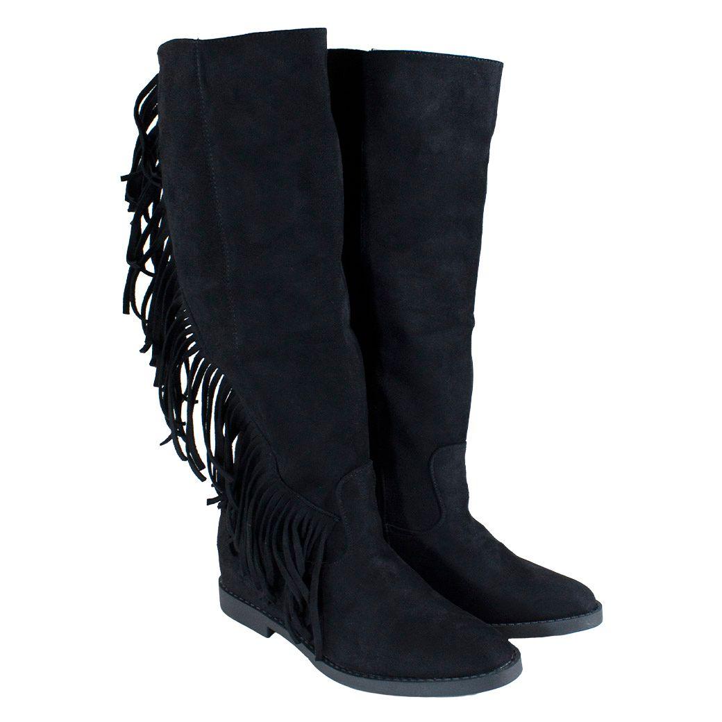 Bota Mujer Gamuza Flecos Negro-3