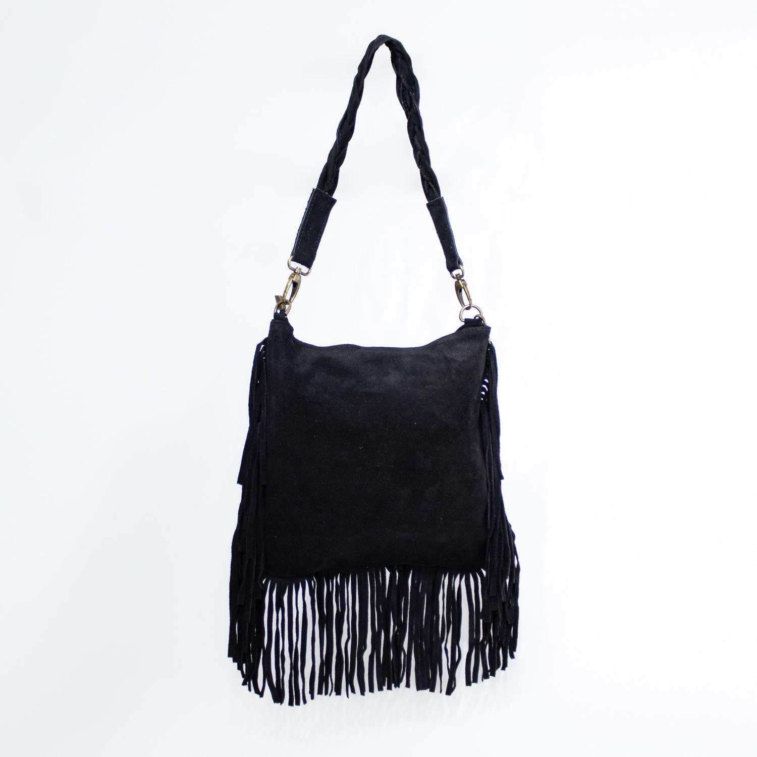 Cartera de reno con flecos y manilla trenzada color Negro-2