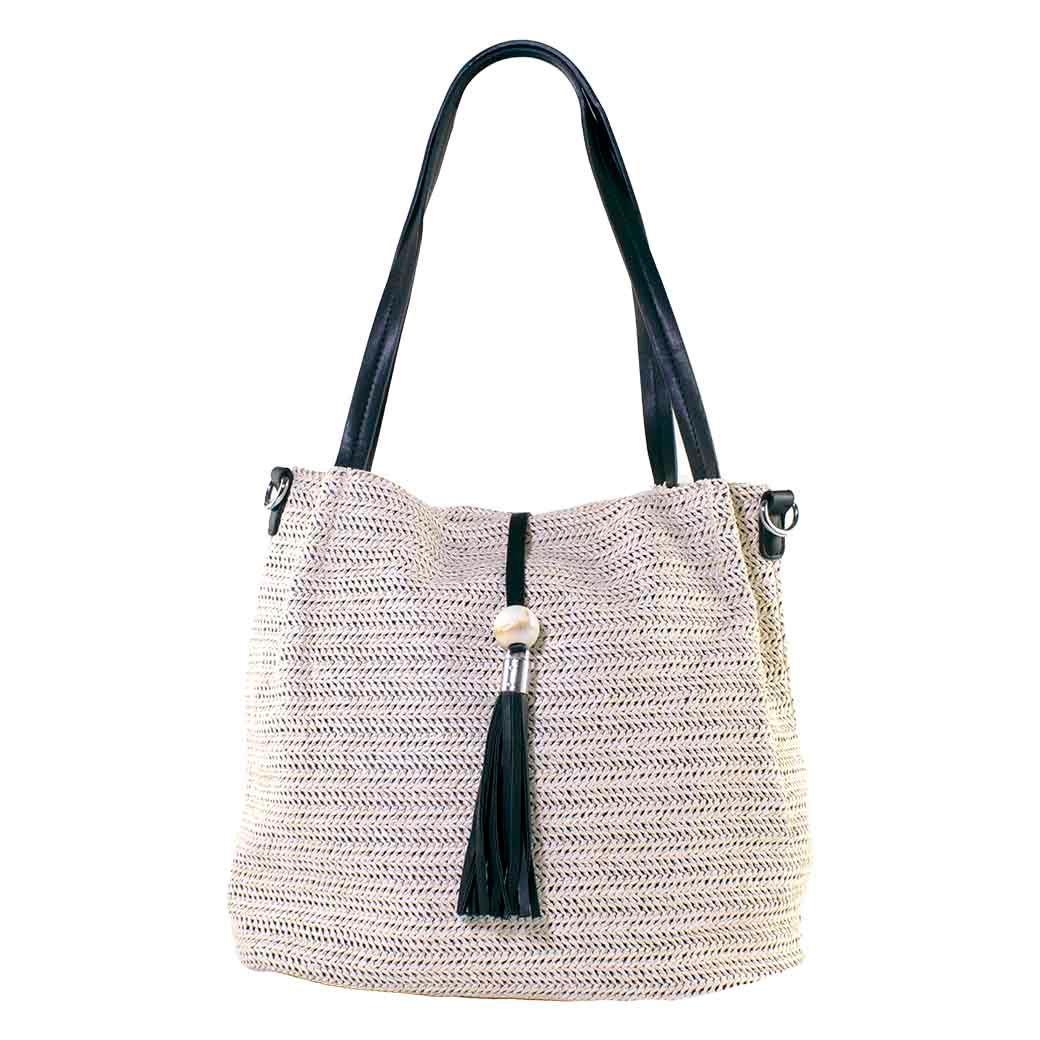 Cartera Rafia Doble Manilla Beige Negro-0