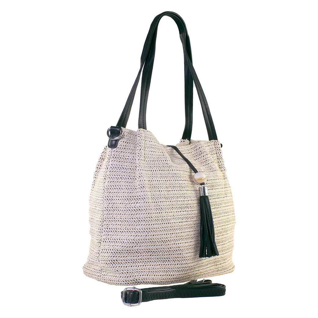 Cartera Rafia Doble Manilla Beige Negro-1